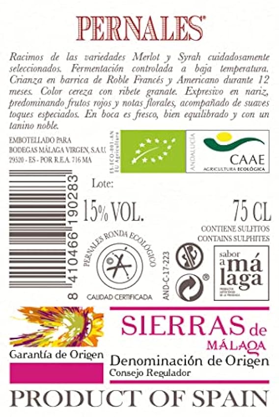 Pernales Ronda Ecológico Merlot-Syrah 75 cl - Pack de 3 Bouteilles - Vin rouge écologique D.O. 