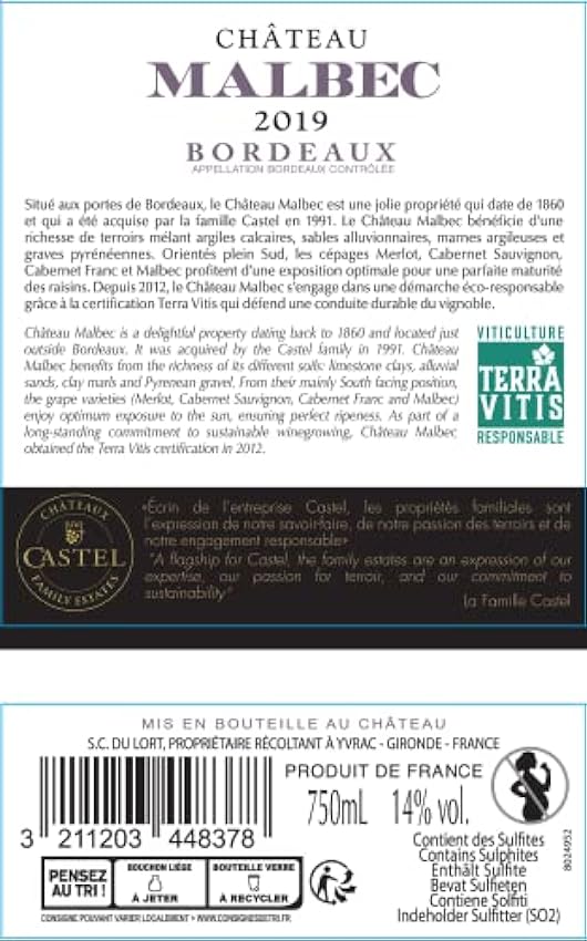 Château Malbec - AOP Bordeaux - Vin Rouge – Millésime 2019 - Lot de 6 bouteilles x 75cl NhwdOXmQ