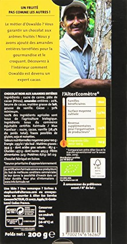 Alter Eco Tablette de Chocolat Noir Amandes Entières Bio et Equitable 200 g m0Qk4s0R