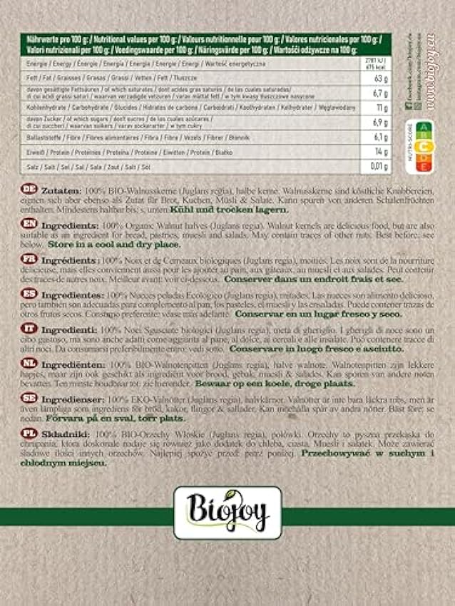 Biojoy Cerneaux de Noix BIO (1 kg), moitiés, décortiquées, naturels, Juglans regia MG8DopeB