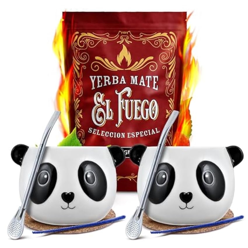 Set de yerba maté El Fuego Energia Guarana avec accessoires pour deux personnes | Yerba maté avec guarana | Calebasse, bombilla et accessoires | Yerba maté du Paraguay | Caféine naturelle | 500g Kxs5jTQZ
