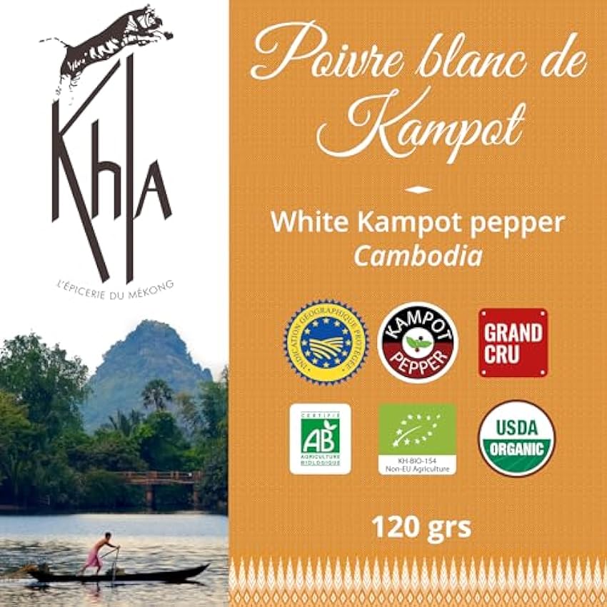 Khla - Poivre Blanc de Kampot Certifié Bio 120 g - Tube Poivre en Grains Biologique - Grand Cru, Fort & Puissant - Ingrédient Cuisine Épice - Direct Producteur - Production limitée - Origine Cambodge LwdZbgAW