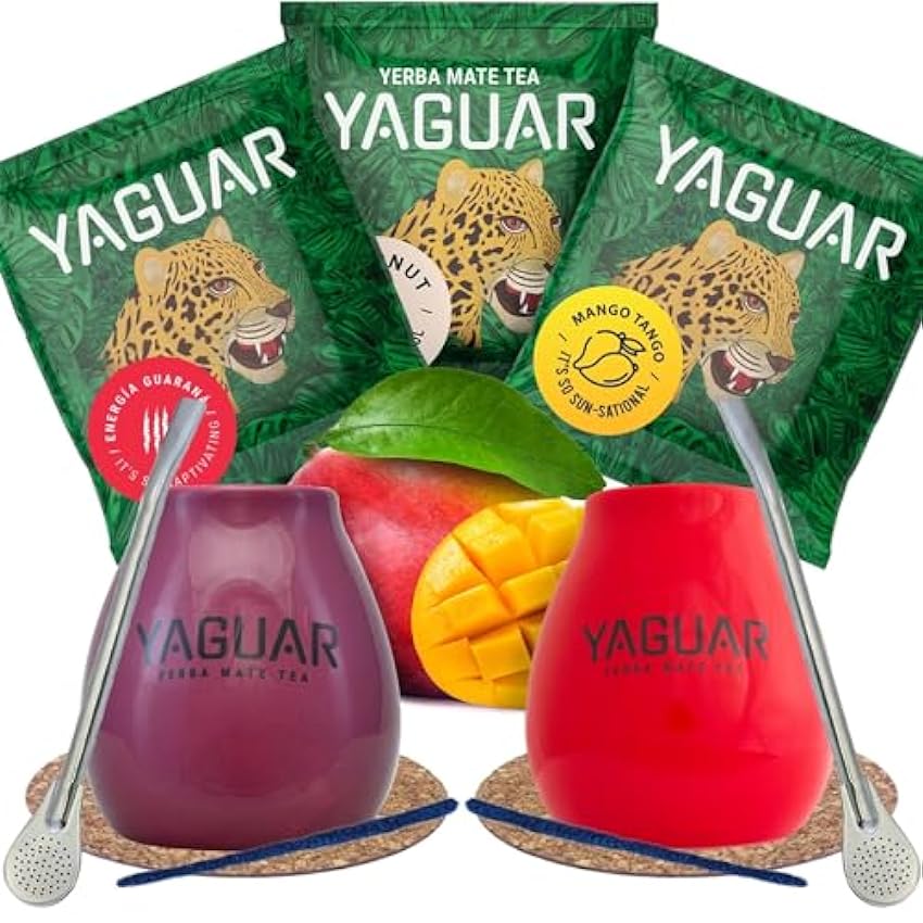 Yerba mate ensemble d´échantillons avec accessoires | Yerba mate Yaguar | 2x calebasse, 2x yerba mate bombilla | 3x50g | Yerba mate du Brésil | Caféine naturelle KSolvmXx