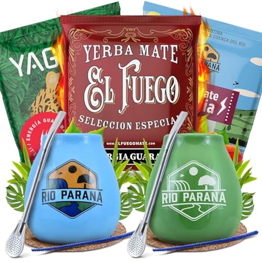 Série d´accessoires de yerba maté avec échantillons pour deux personnes | Yaguar, El Fuego, Rio Parana | Energia Guarana | Calebasse, bombilla et accessoires | Caféine naturelle | 3x50g MewM3ktQ