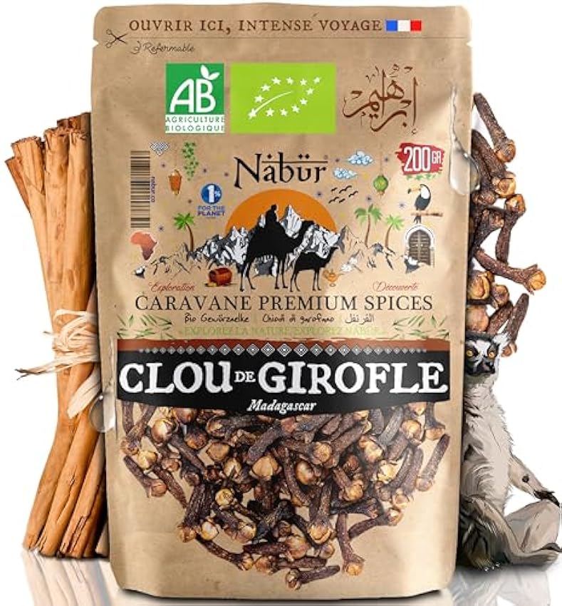 Nabür - Clou de Girofle Entier Bio de Madagascar 200 gr | Bâton, Tête Bombée | Cuisine, Infusion, Purifie l´haleine N5ec6UQ4