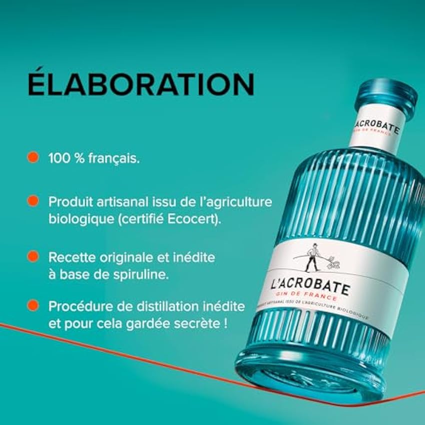 L´Acrobate - Gin Bio Artisanal Français - Médaille d’or Concours Mondial de Bruxelles 2021 - 44 Pour cent Alcool - Origine : France - Bouteille 70 cl mf2SdgYs