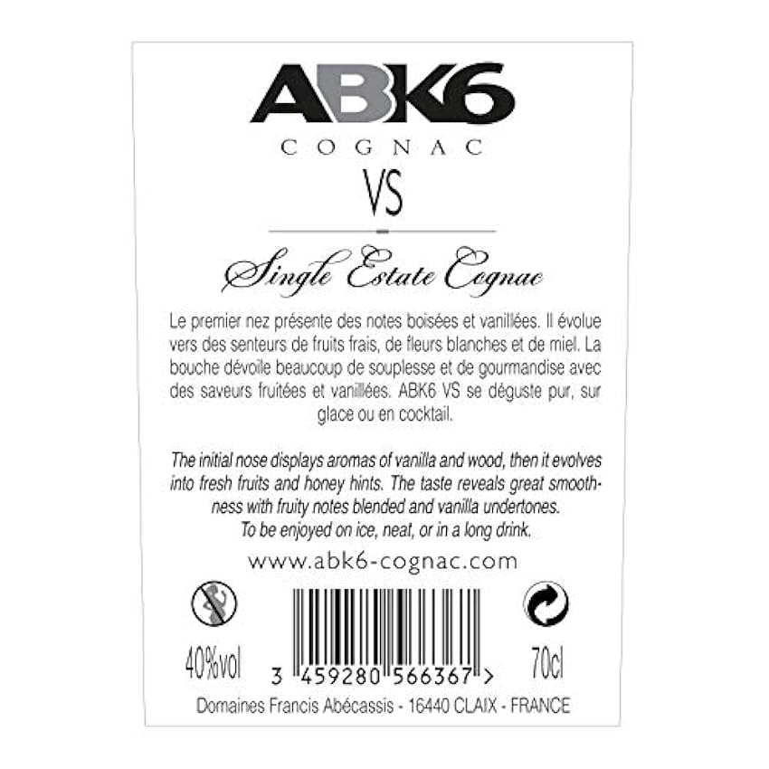 ABK6, Cognac VS Pure Single 70cl, 40% alc, Single Estate Cognac - coffret individuel m1kO76Ew
