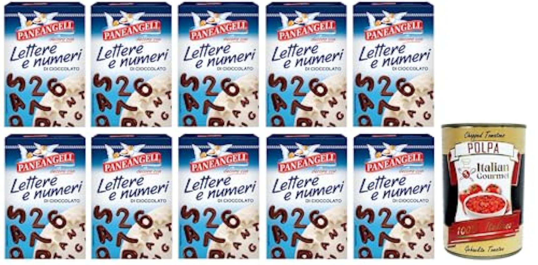 Paneangeli Lettere e Numeri di Cioccolato Lot de 10 lettres et chiffres en chocolat pour décorer les desserts, paquet de 60 g + boîte italienne Gourmet Polpa di Pomodoro 400 g MvMTVN0X