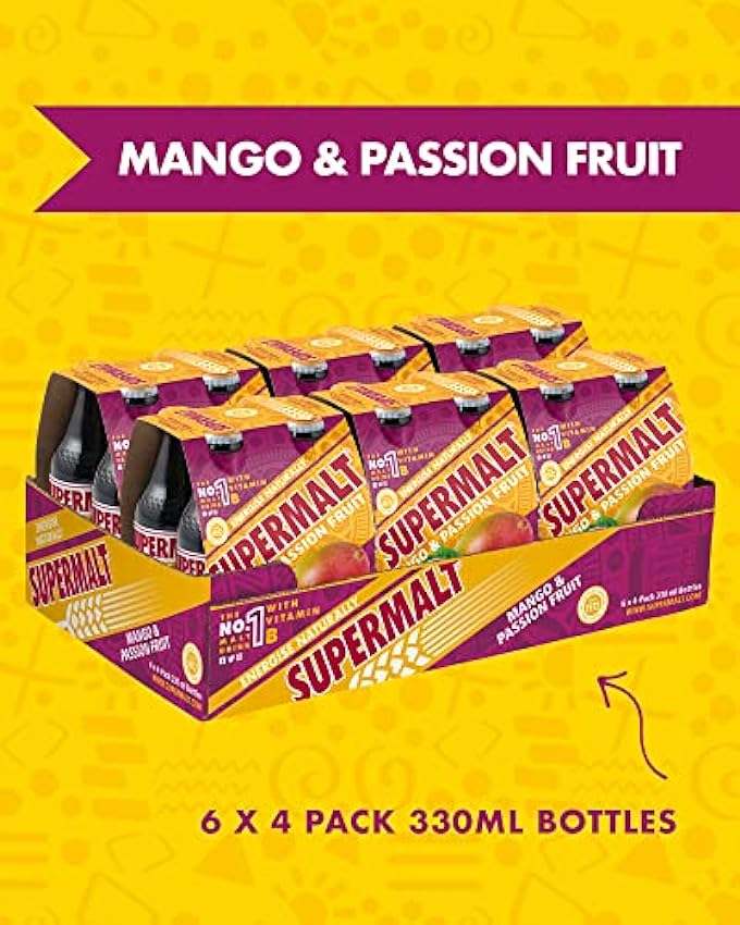 SUPERMALT Boisson maltée à la mangue et au fruit de la passion, sans alcool, boisson maltée de qualité supérieure avec vitamines B, lot de 24 bouteilles de 330 ml MORiQ53H