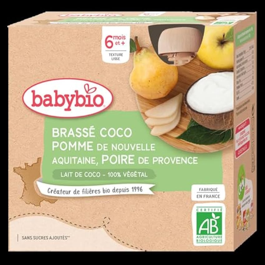 Babybio Brassés Végétaux - Gourdes Lait de Coco Pomme Poire 4x85 g - 6+ Mois - BIO kuVmef5k