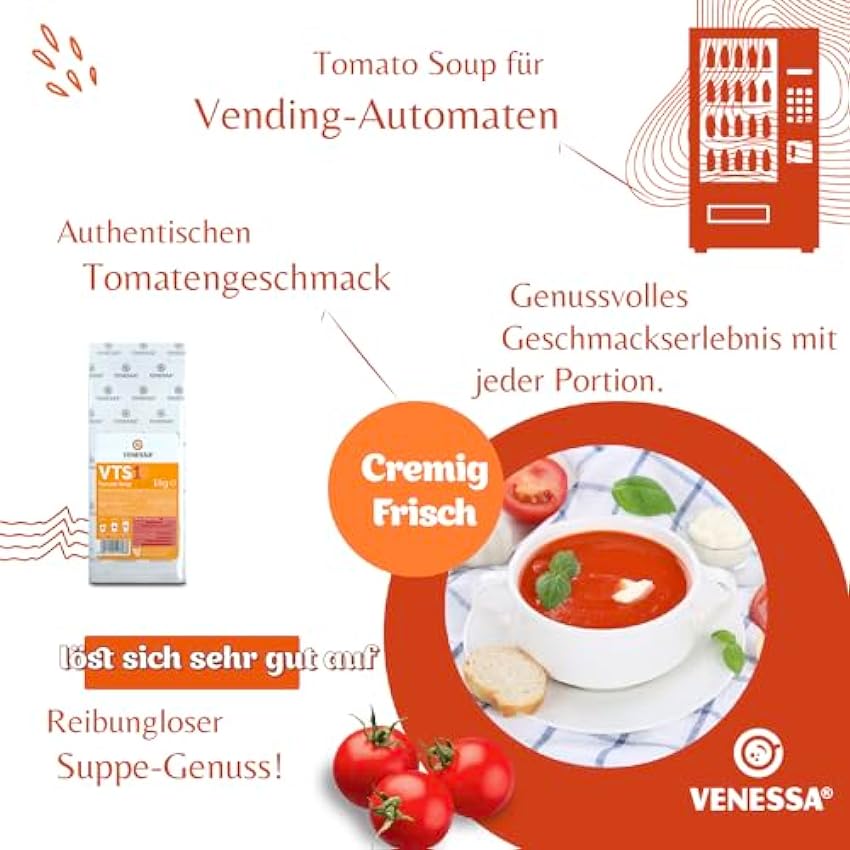 VENESSA VTS 1 kg de soupe à tomates – Soupe instantanée fruitée végétarienne instantanée de type italien – Soluble et haut rendement – Pour machine à soupe automatique NgPU7Gvv