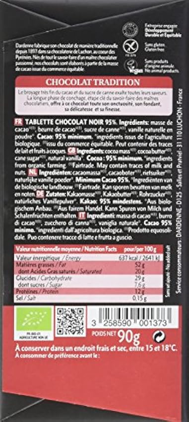 Dardenne Tablette Tradition Chocolat Noir BIO 95% Cacao, 90 g lzsog9kb