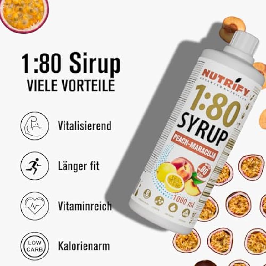 NUTRIFY Vital Fitness Drink Lot de 2 bouteilles de sirop 1:80 2 x 1 l - Pêche, fruit de fruit concentré avec vitamines et L-carnitine sans sucre - 160 l de boisson pour le sport - Faible en calories - MQ7708jK