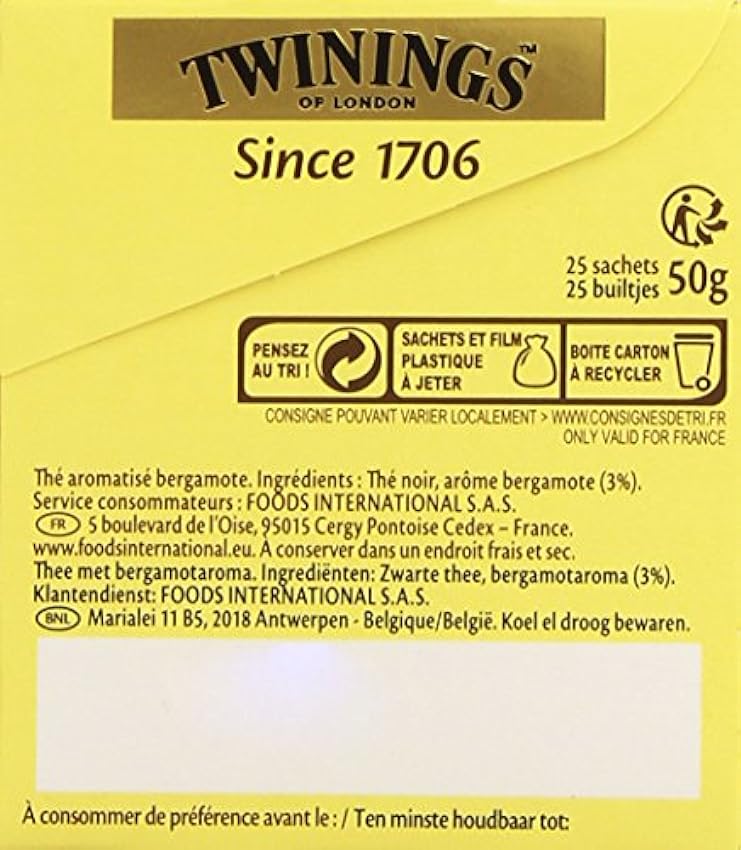 Twinings Thé Original Earl Grey 25 Sachets 50 g - Lot de 4 Mpubc14A