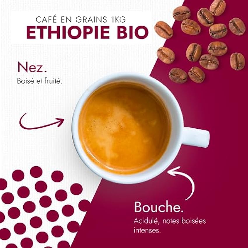 CAFÉS FOLLIET - Café En Grains Pure Origine Ethiopie Bio - Torréfaction Traditionnelle - Intensité 6/10 - Arabica Pur - 100% Arabica - 1kg LugrRkYn