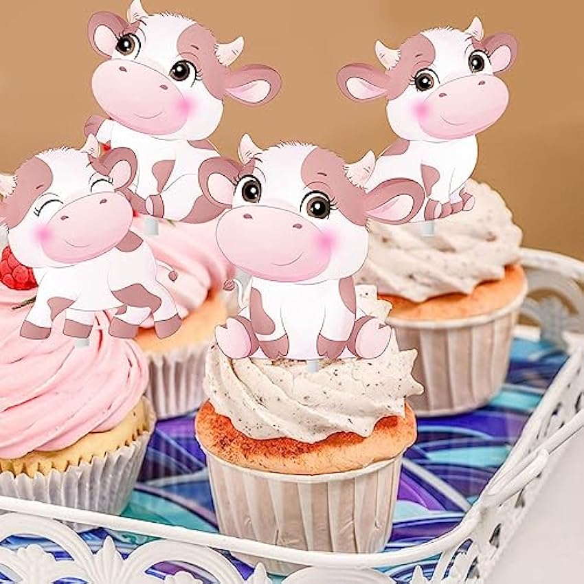 Lot de 24 décorations de cupcakes d´anniversaire en forme de vache rose pour fête prénatale sur le thème de la vache de la ferme ndDHo61f