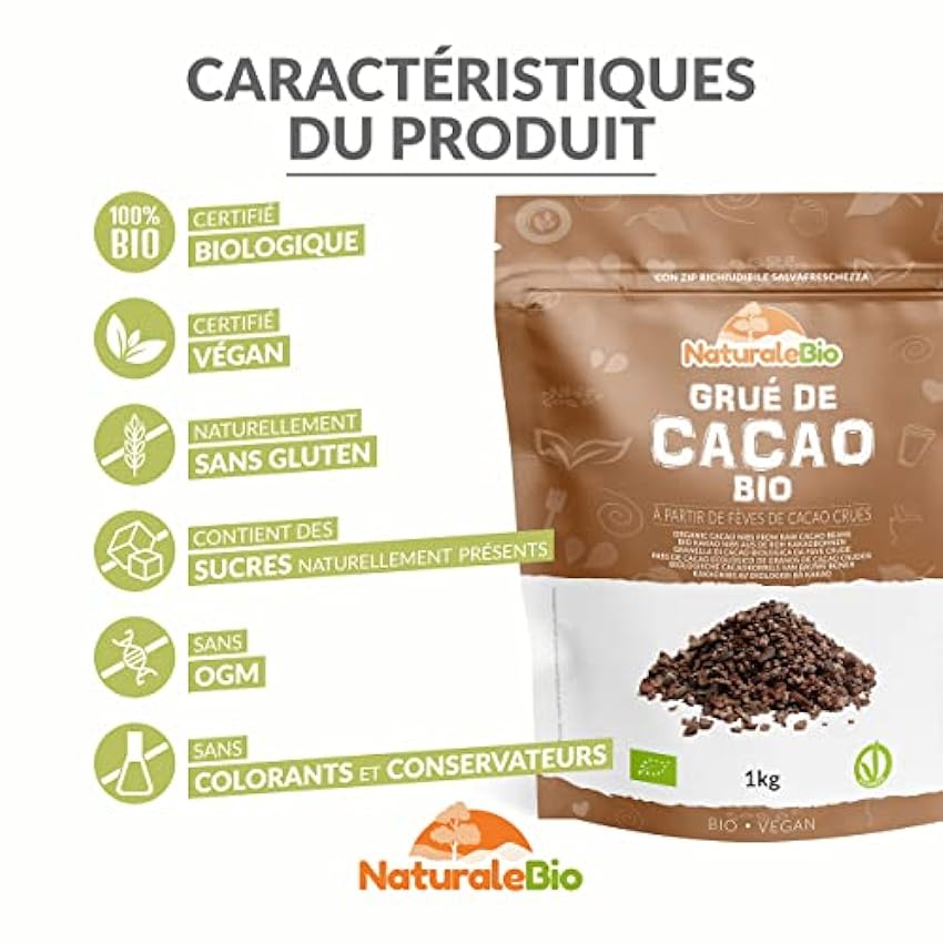 Grué de Cacao Cru Bio 1kg. Organic Raw Cacao Nibs. Naturel et Pur. Produit au Pérou par la Plante Theobroma Cacao. Source de magnésium, potassium et fer. NaturaleBio MfSh2eGx