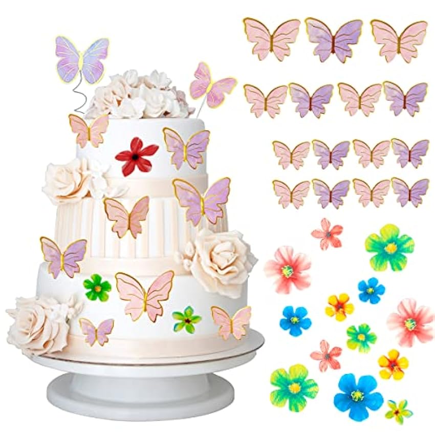 SourceTon Lot de 55 décorations de gâteau papillon et fleurs pour décoration de gâteau de fête (papillons violets et roses et décorations florales colorées) ndgKDLJ3