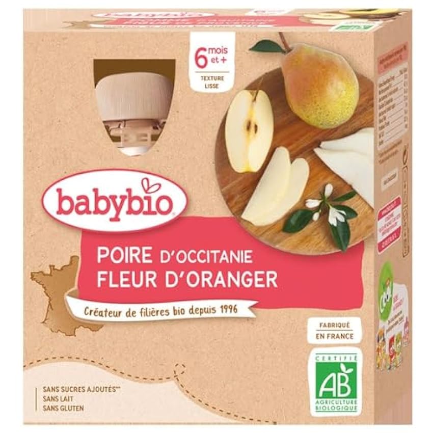 Babybio - Gourdes Fruits - Poire de Provence Fleur d´Oranger 4x90 g - 6+ Mois - BIO mjKwtRLQ