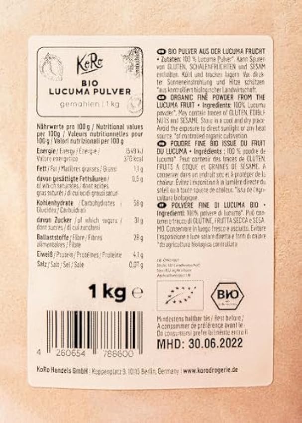 KoRo - Lucuma en poudre bio 1 kg - Fabriqué à partir de 100% de fruits de Lucuma - Intensément fruité-sucré - Idéal pour les smoothies et les shakes - Riche en fibres L1Um8Fxk