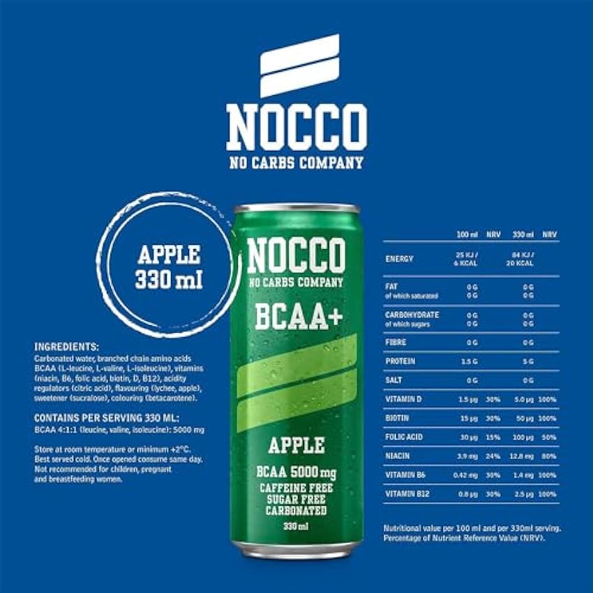NOCCO BCAA+ Apfel 24x330ml Boissons aminées sans café et sucre - Programmes sportifs sans alcool pour plus d´apprentissage et une meilleure régénération lg01KkwC