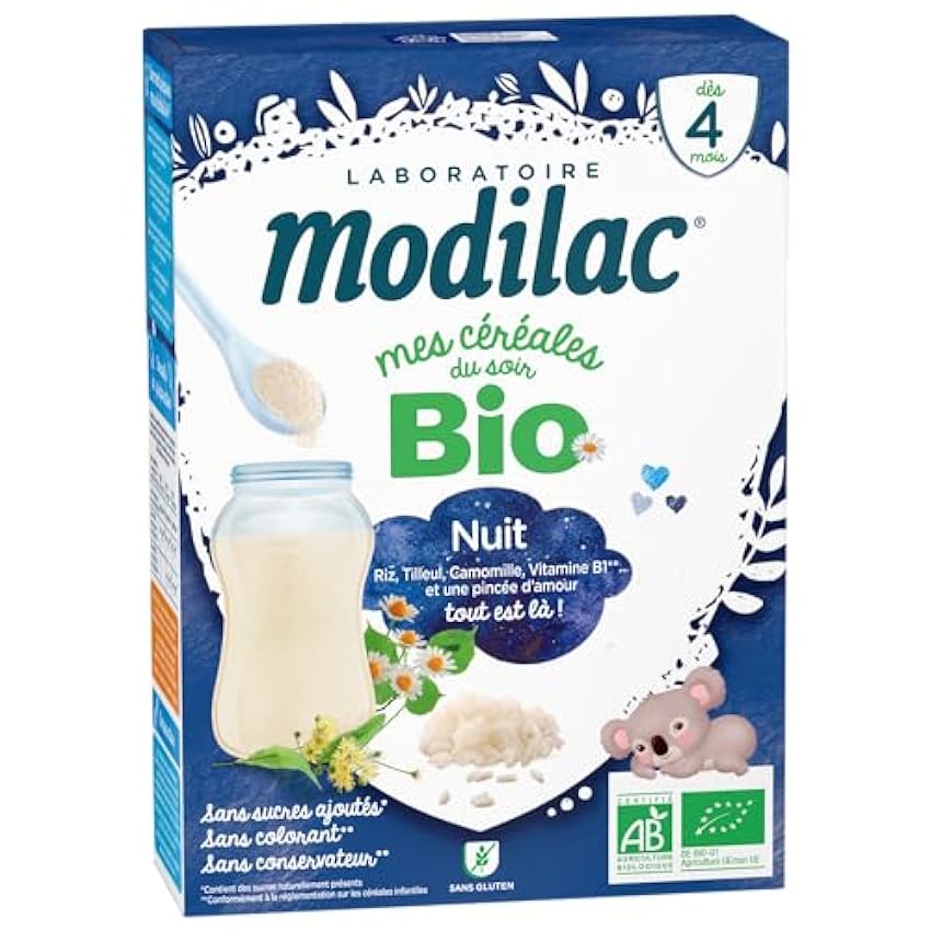 Modilac - Céréales Bio Nuit - Sans Sucres Ajoutés, Sans Huile de Palme - Idéal pour la Diversification de l´Alimentation - Dès 4 Mois - Lot de 7x250g nHzuc0kf