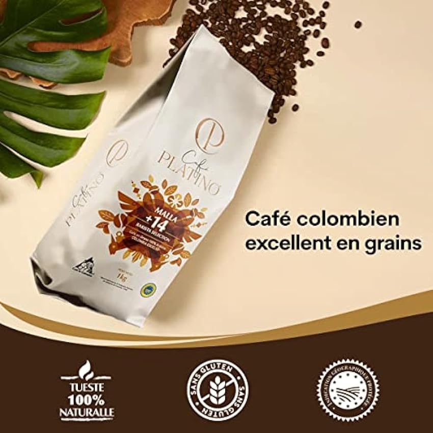 Café Platino - Colombie Excelso Café en grains torréfié1 Kg, 100% Arabica Naturel - Certifiée par la Fédération Nationale des Caféiculteurs de Colombie - Maille +14 O5tDZBJ2