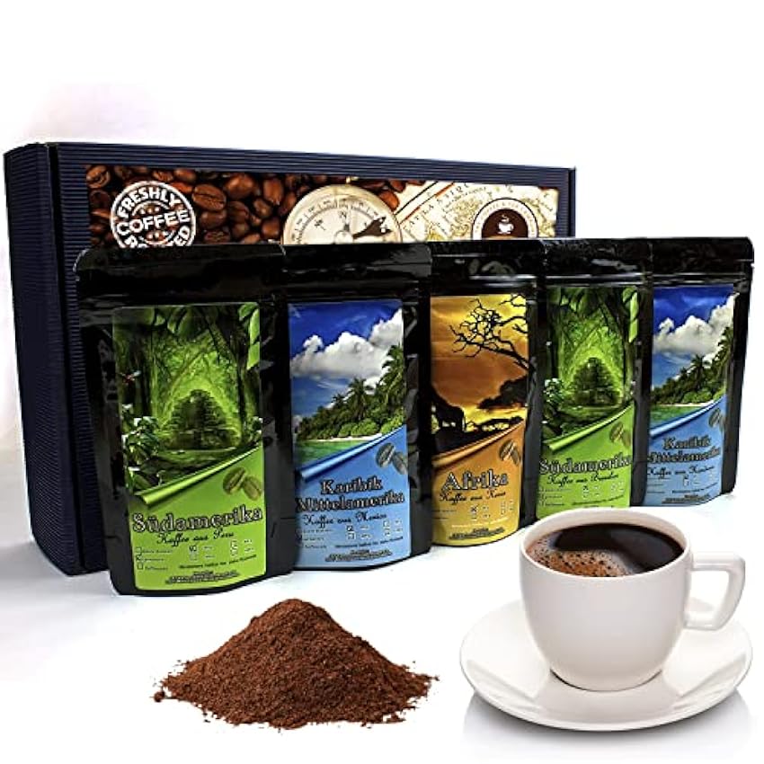 C& T Coffret café moulu | 5 x 65g de café moulu du monde entier | coffret cafe moulu Mexique + Brésil + Pérou + Honduras + Kenya | Déjà emballé dans un café moulu coffret MC4IaXZE
