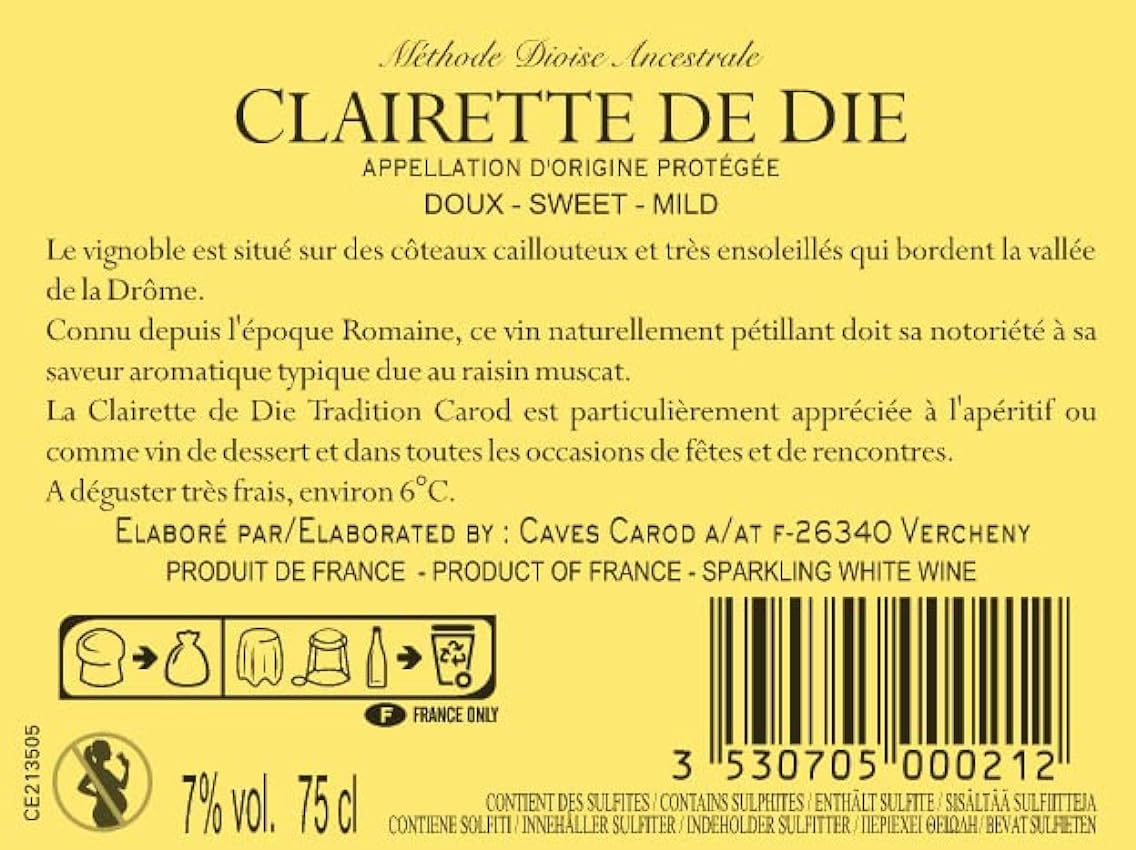 CAROD - Clairette de Die Tradition, vin effervescent - Méthode ancestrale Dioise (6 x 0.75 L) MdhcbER2