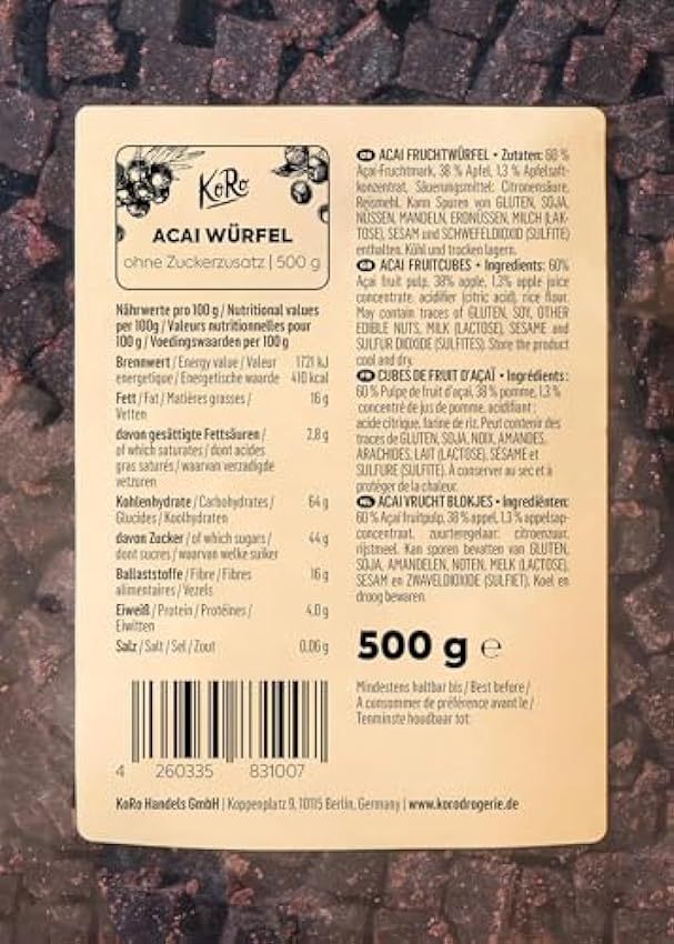 KoRo - Cubes d’açaï sans sucre ajouté 500 g - Superaliment - Fruits secs sans soufre et sans sucre ajouté dans un emballage économique KWUmlJxX