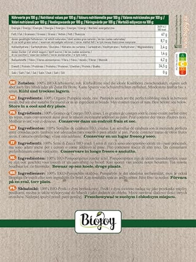 Biojoy Graines de Courge BIO décortiquées (1 kg), naturelles et sans sel ooWqjgQ9