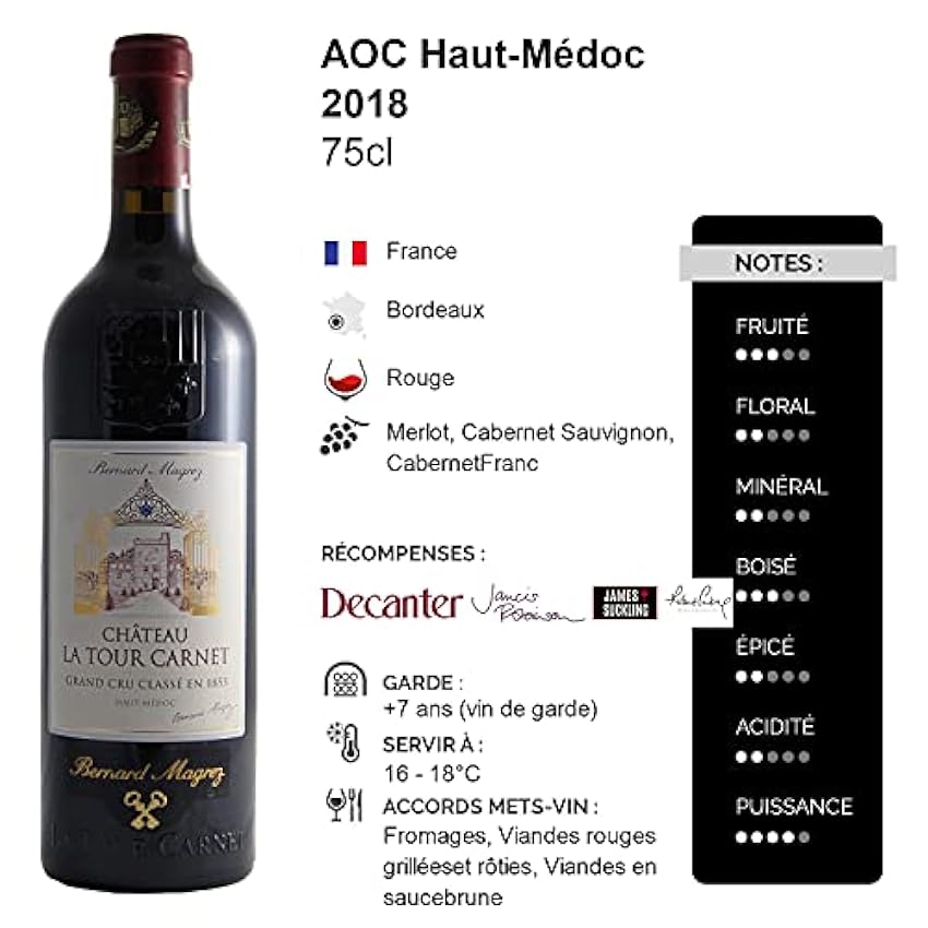 CHÂTEAU LA TOUR CARNET Rouge 2018 - Appellation AOC Haut-Médoc - Vin Rouge de Bordeaux - 75cl - Cépages Merlot, Cabernet Sauvignon - 92/100 Decanter m5YtIIM7