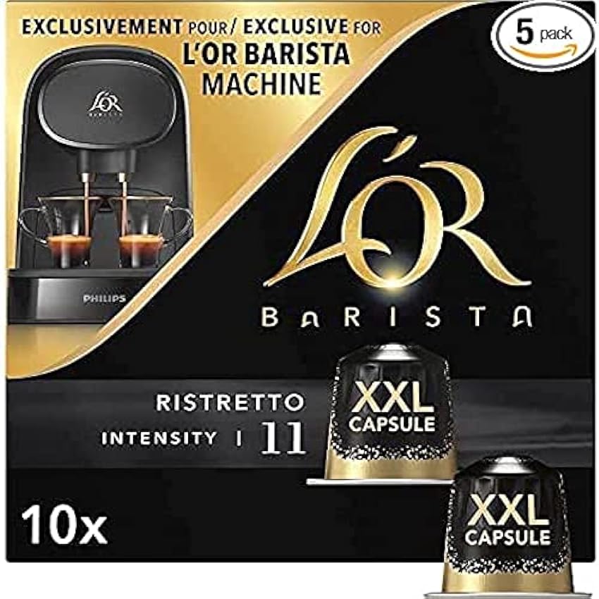 L´OR - Capsules XXL - Double Barista Selection - Intensité 13 - Corsé - Compatibilité Exclusive L´OR BARISTA® - 5 lots de 10 capsules aluminium & Barista Café - 50 Capsules Ristretto Intensité 11 NthAHupI