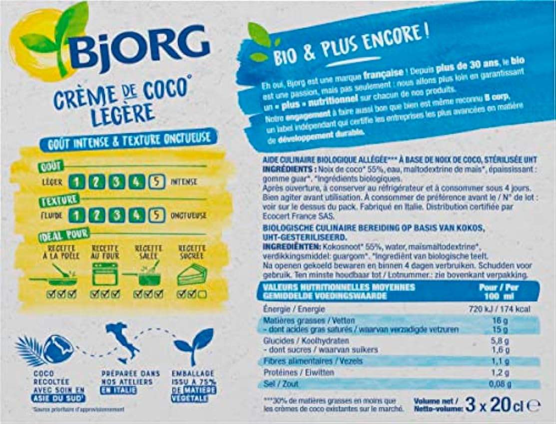 Bjorg Crème de Coco Légère Bio – Allégée en matières grasses – Sans gluten - 3 x 200 ml LoeF6N75