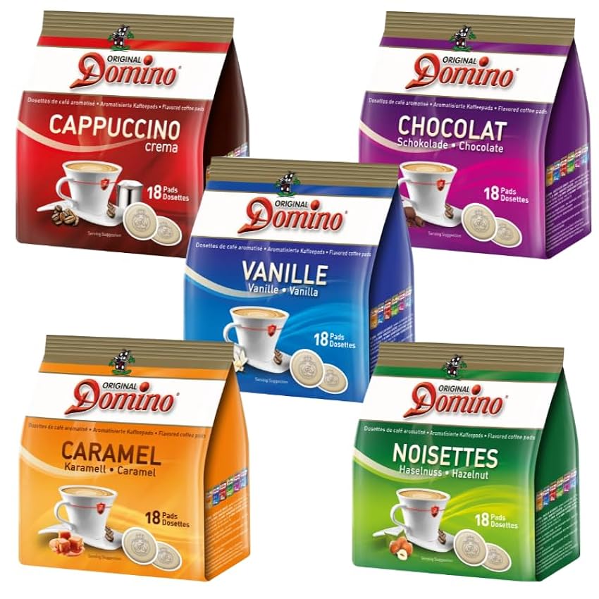 DOMINO café - Assortiment 5x18 dosettes compatibles SENSEO - Caramel, Noisette, Vanille, Cappuccino, Chocolat oqoJfzIj