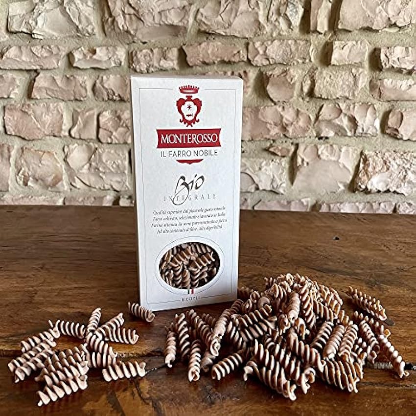 Pâtes Monterosso -Boucles d´épeautre bio 500g - Pâtes courtes -Tiré bronze -Céréales bio produites en Italie- complet, nutritif, riche en fibres et protéines - Farro Triticum dicoccum NuEUmiKh