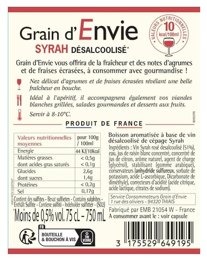 Grain D´Envie - Syrah Rosé - Sans Alcool Moins De 0.5% Vol - Lot de 6 bouteilles x 75 cl mGXg2nxV