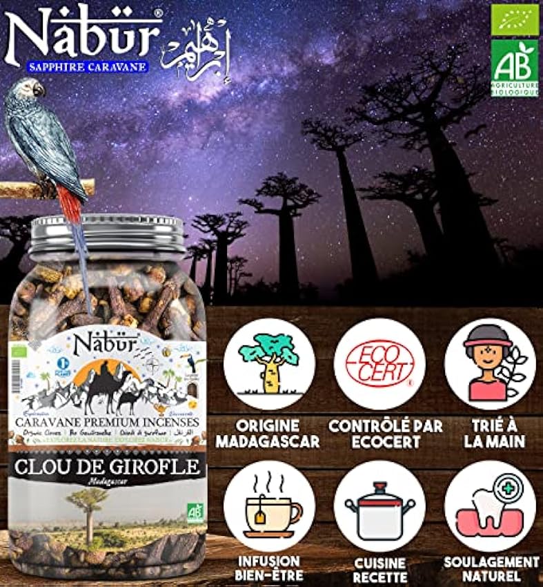 Nabür - Clou de Girofle Entier Bio de Madagascar 200 gr | Bâton, Tête Bombée | Cuisine, Infusion, Purifie l´haleine N5ec6UQ4