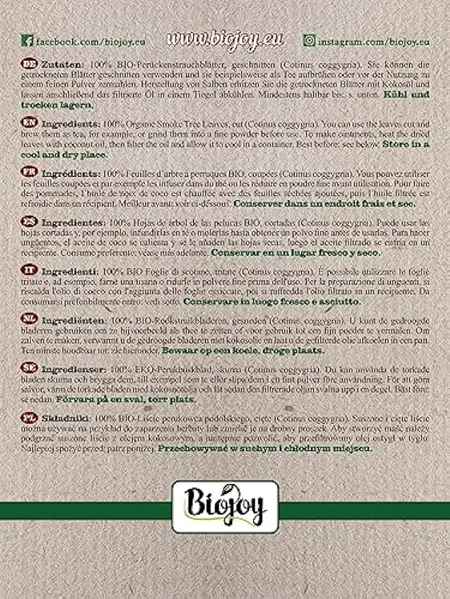 Biojoy Feuilles d´arbre à perruques BIO (500 gr), séchées et coupées, idéales pour tisane (Cortinus coggygria) kYyyBh9D